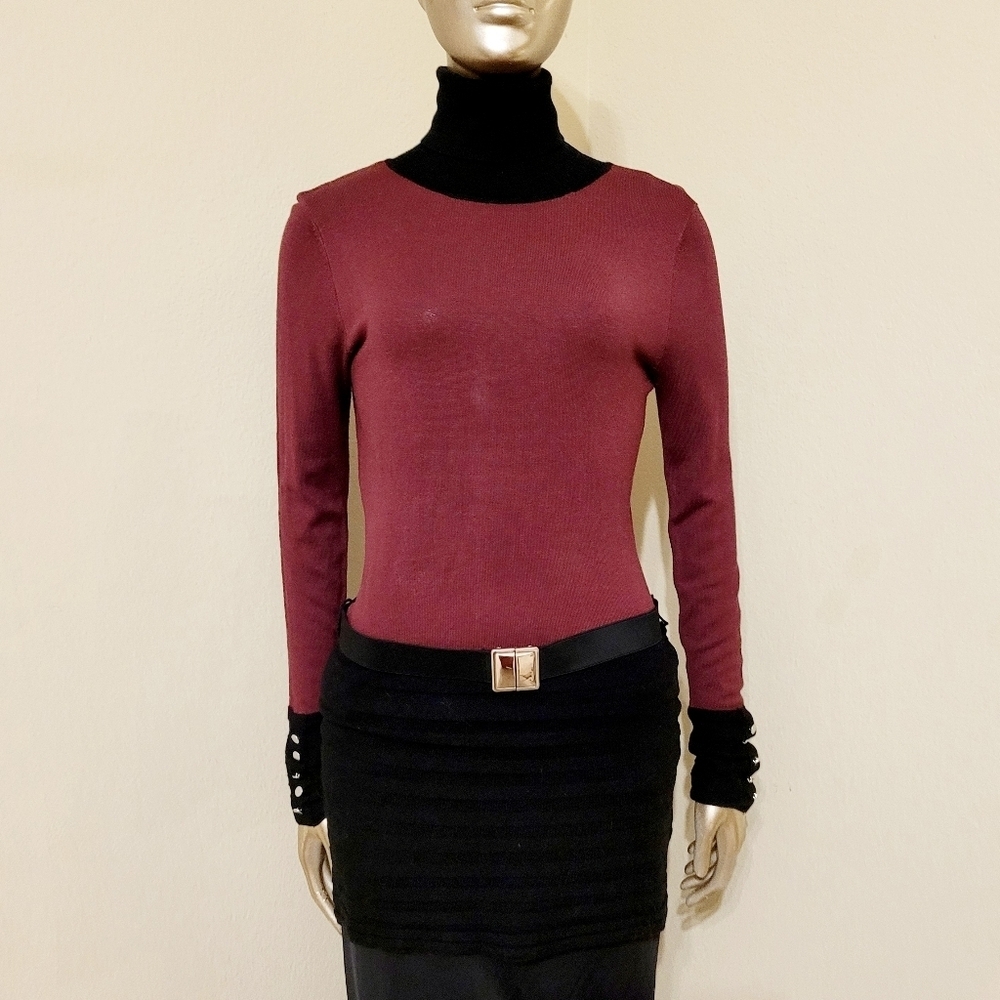NWOT VENUS Colorblock Sophisticated High Neck Long Belted Sweater Top Sz M - Picture 11 of 12